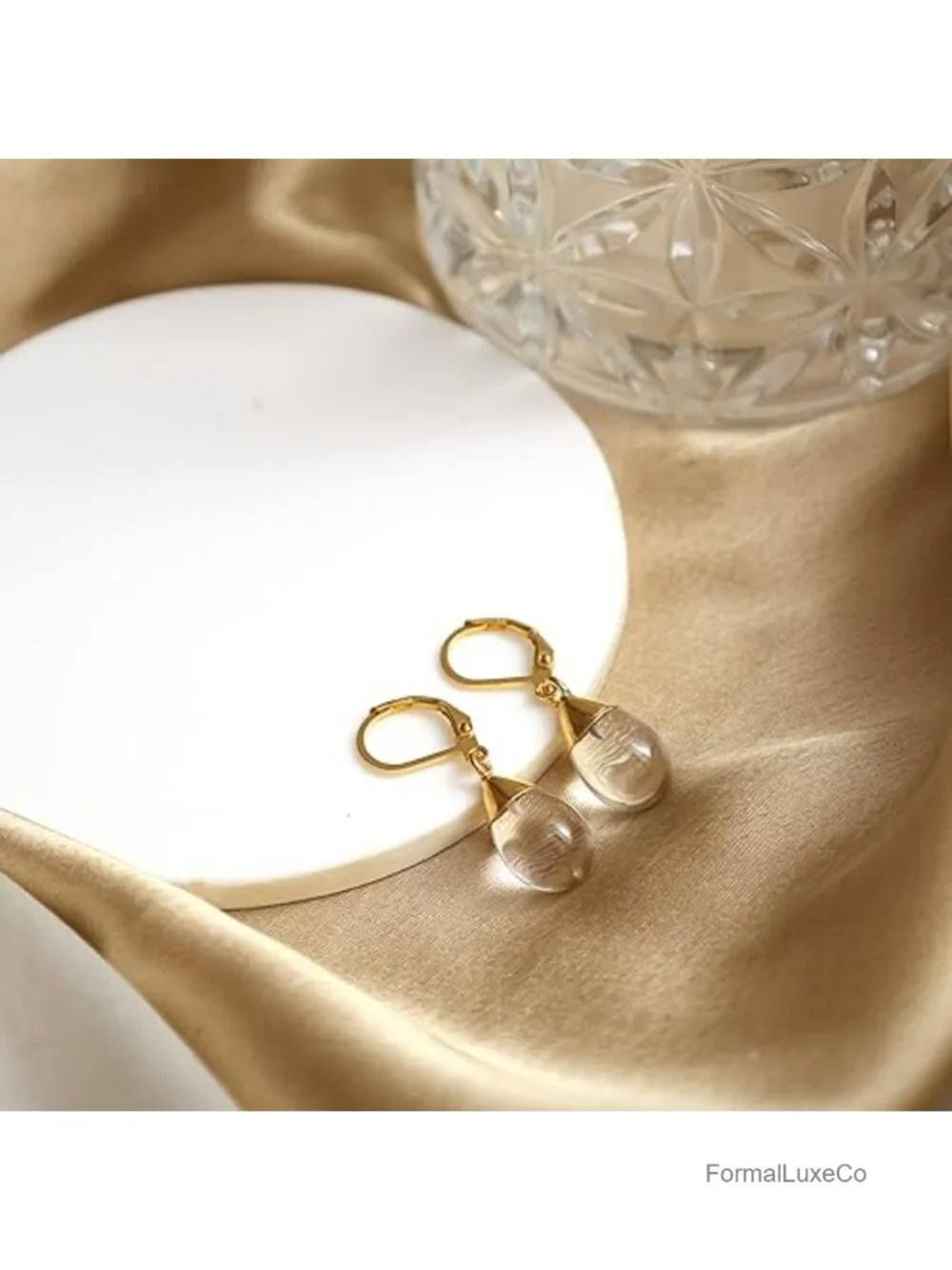 Handmade Natural Clear Quartz Dangle Leverback Earrings, 14k Gold Plated, Boho